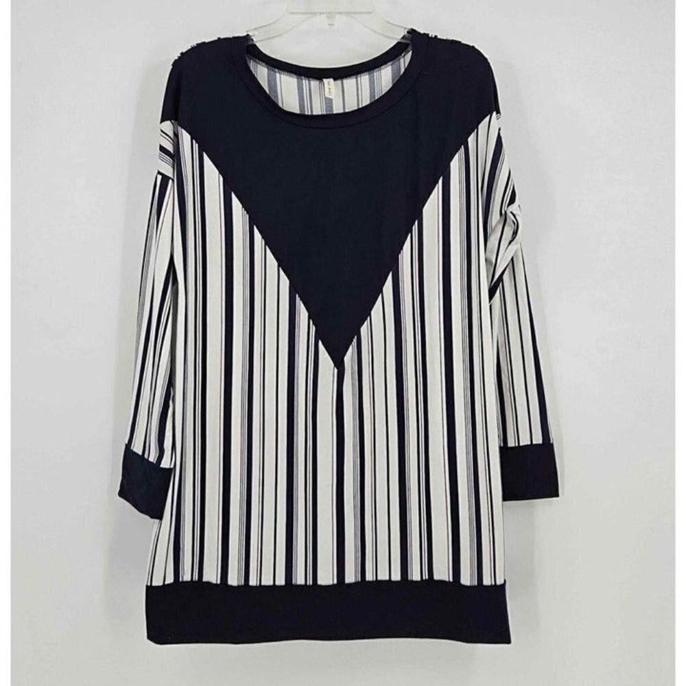 Mai Soli Blue White Stripe Solid Blue Band Hem Sleeve Neckline Lightweight Top L